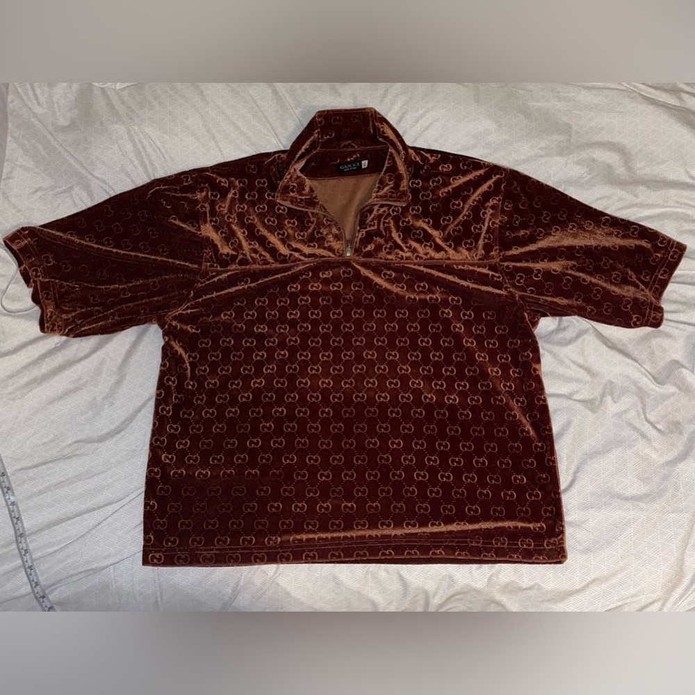 Vintage Gucci Shirt Quarter Zip Velour or Velvet Gold Mens XL